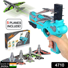 Children happily playing outdoors, launching a foam airplane with the toy gun.