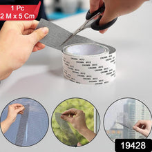 Self-adhesive mosquito net repair tape applied on window screen for insect protection