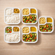 Side angle image of heat and oil resistant 3-compartment bagasse square plate