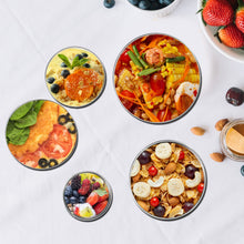 Leak-proof stainless steel food storage container with colorful lid.