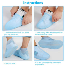 Four images showing how to put on a blue silicone shoe cover over a white sneaker.