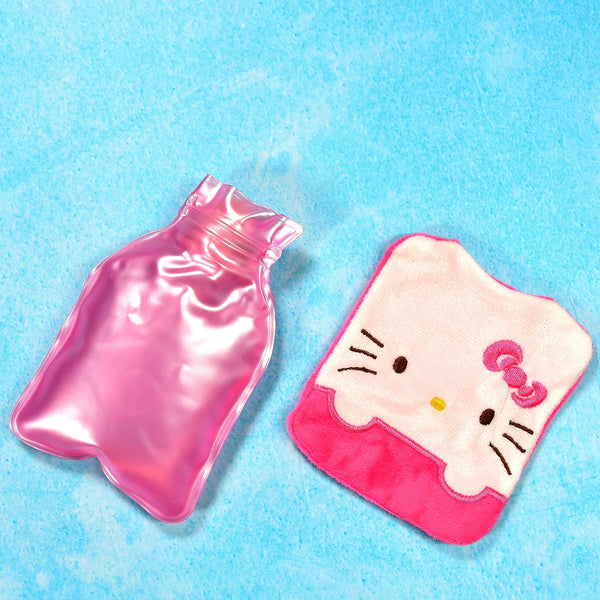 Pink hot water bag applied to the abdomen for menstrual cramp relief.