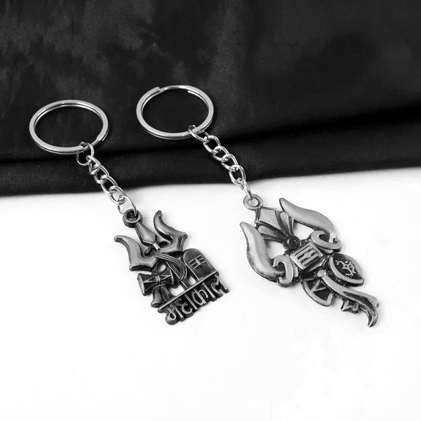 Mahakal Trishul metal keychain set with antique finish for car and bike keys