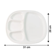 Dinner plate showing size dimensions 31x28 cm in white plastic