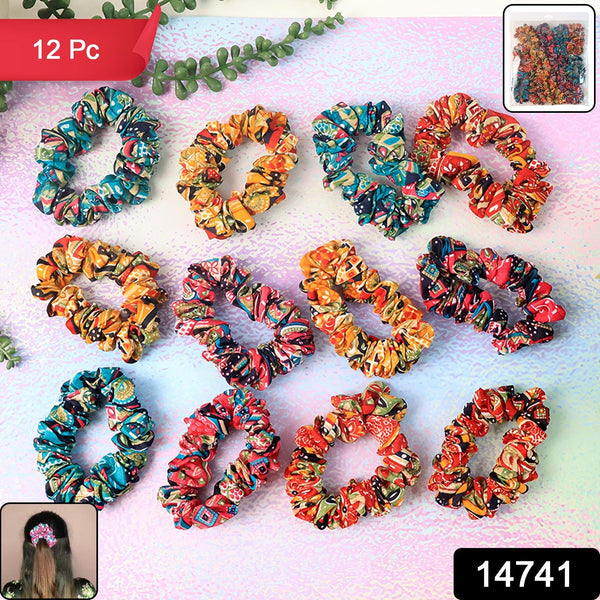 Woman styling hair with colorful printed hair scrunchies