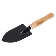 Robust steel hand trowel with a black handle for efficient digging.