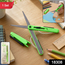 Green pen-shaped scissors cut blue paper, with the product packaging shown in the bottom left.