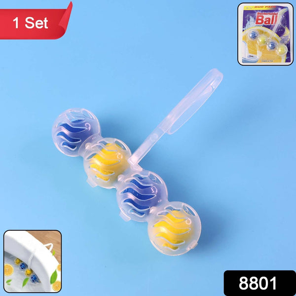 Four toilet cleaning balls with a clear hanger on a blue background, with '1 Set' and '8801' labels.