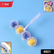Four toilet cleaning balls with a clear hanger on a blue background, with '1 Set' and '8801' labels.