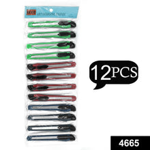 A clear plastic package containing twelve utility knives in red, blue, and green.