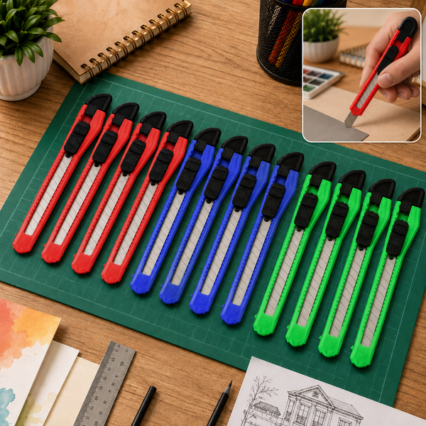 Twelve utility knives in red, blue, and green on a green cutting mat with art supplies.