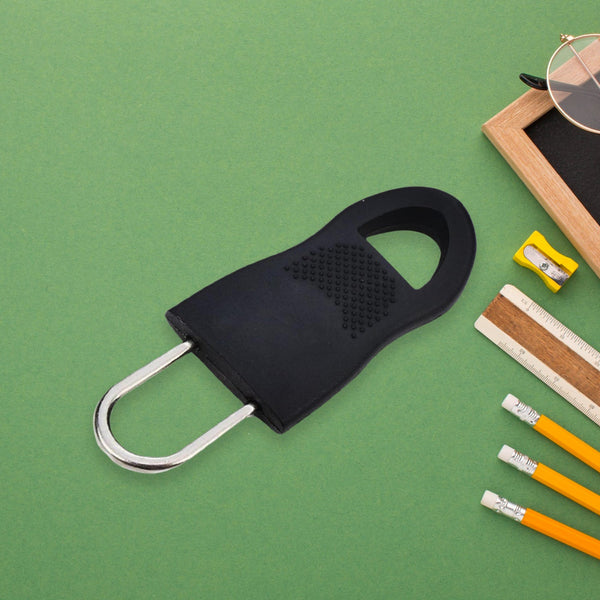 Set of 10 black plastic zipper pull tabs, ideal for luggage repair.