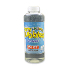 A hand holding the 750ml Bubble Gun Liquid Refill bottle with its blue cap.