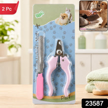 Pink pet nail clipper and filer set in blister packaging with a red 