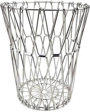 Compact foldable fruit basket in stainless steel, shown in its collapsed form for easy storage.