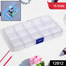 Transparent jewellery storage box with 15 compartments, ideal for earrings, rings, and beads.