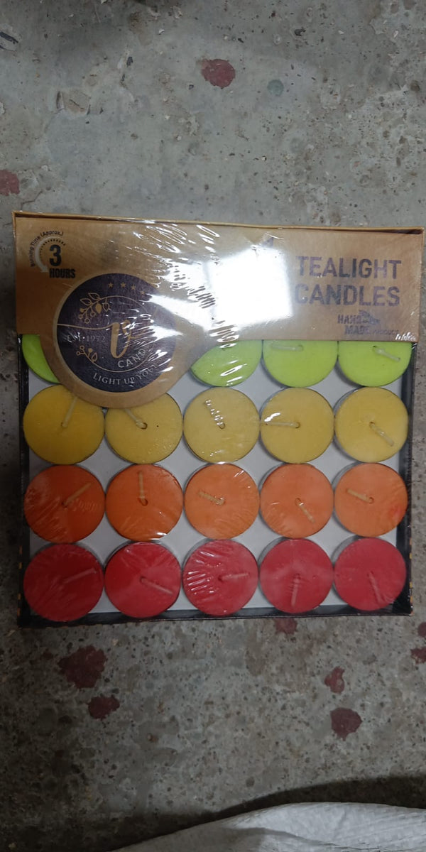 Colorful decorative tealight candles in a 50-piece pack, ready for celebrations.