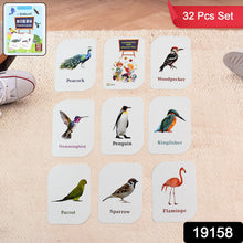 Close-up of vibrant bird flashcard featuring a peacock image with name label