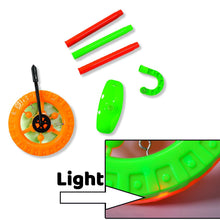 Dynamic shot of the single wheel push toy's light feature in action.