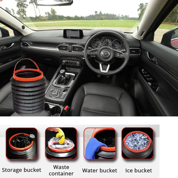 Foldable car trash can in an auto, showing its compact design and capacity.