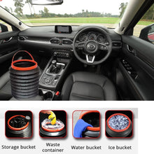 Foldable car trash can in an auto, showing its compact design and capacity.