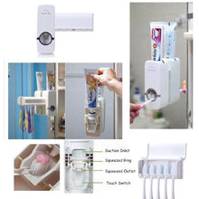 Collage of the dispenser and holder, showing different angles and how to insert toothpaste, with toothbrushes.