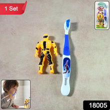 Kids manual toothbrush with interactive action hero robot toy set