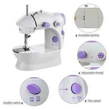 Electric mini sewing machine powered by adapter or batteries.