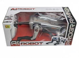 Top view of advanced AI robot dog toy on table