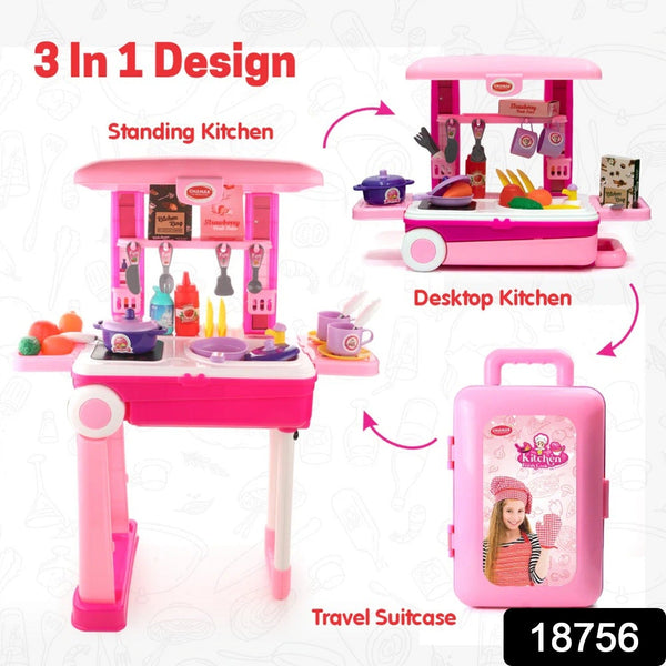 Girl playing with portable kitchen set, showing cooking toys