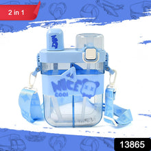 Stylish 2-in-1 snack and drink bottle with ergonomic design for children.