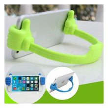 Black hand shape phone holder supporting a smartphone on a desk.