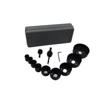 All components of the 12-piece hole saw kit neatly arranged for easy access.