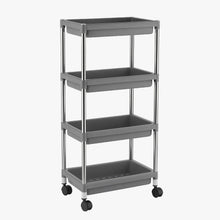 Stainless steel framed multi-tier rolling cart with plastic shelves