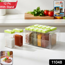 Top view of 12-piece clear spice containers arranged on a modular spice rack stand