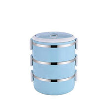 Insulated 3-layer stainless steel lunch box designed to keep food hot.