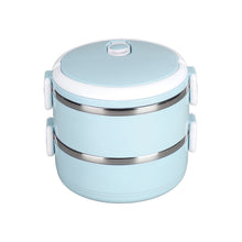 The compact, leakproof stainless steel lunch box displayed open, showing two compartments.