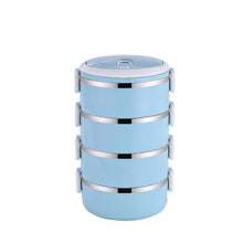 Compact and portable multi-layer stainless steel lunch box.