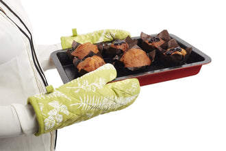 Red and white patterned Heat Proof Oven Glove for kitchen baking.