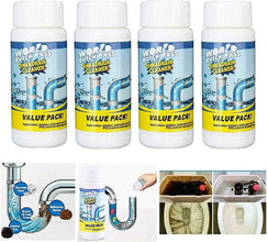 Drain cleaner powder dissolving tough blockages in a pipe, illustrating its powerful action.