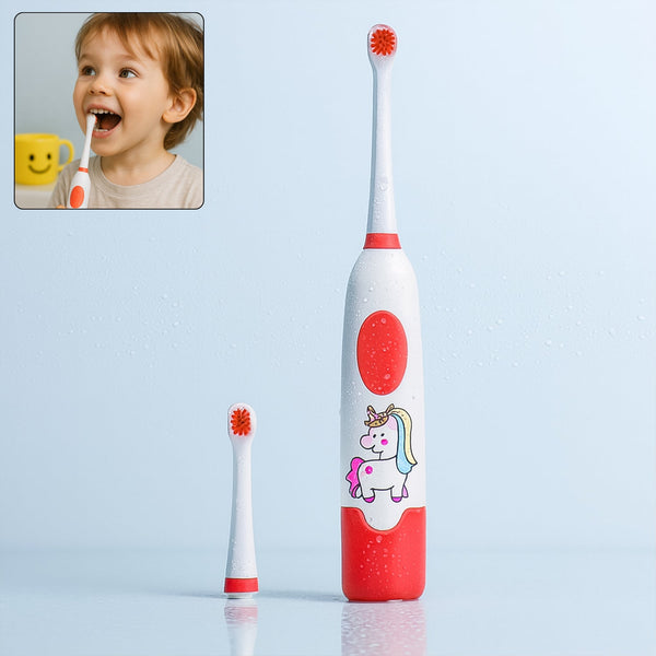 Close-up of the portable electric toothbrush with an extra brush head and batteries.
