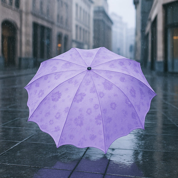 A closed Magic Umbrella with a subtle blossom pattern, ready for rain surprises.