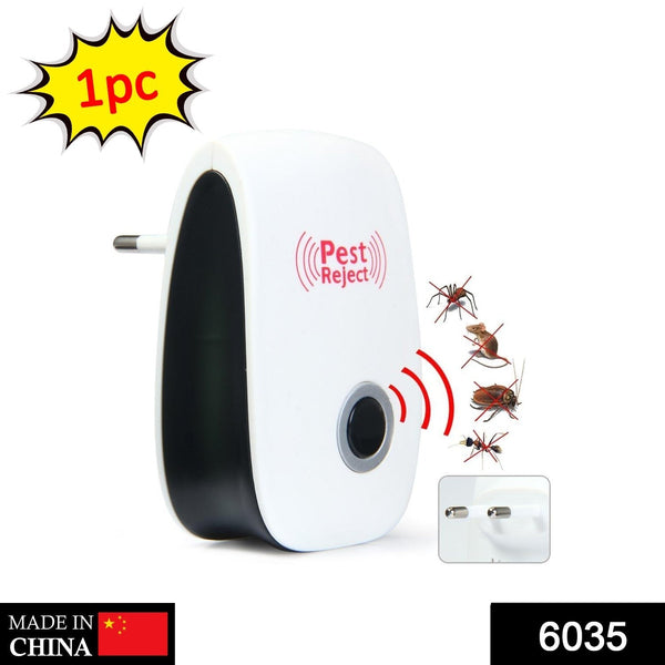 Electronic pest repeller plugged into an outlet, protecting a living room.