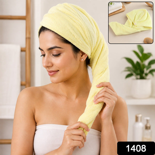 A woman with a yellow microfiber hair wrap towel on her head, holding the twisted end, with a small inset showing the towel.