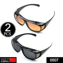 Two pairs of wrap-around glasses, one with yellow-orange lenses and one with dark lenses, on a white background, with a 