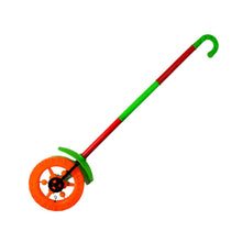 Child happily playing with the colorful single wheel light-up push toy.