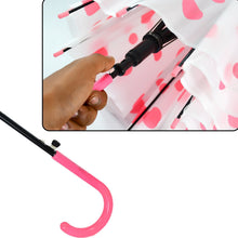 A close-up shows a hand operating the pink automatic button on the umbrella's stem, with the pink hooked handle visible.