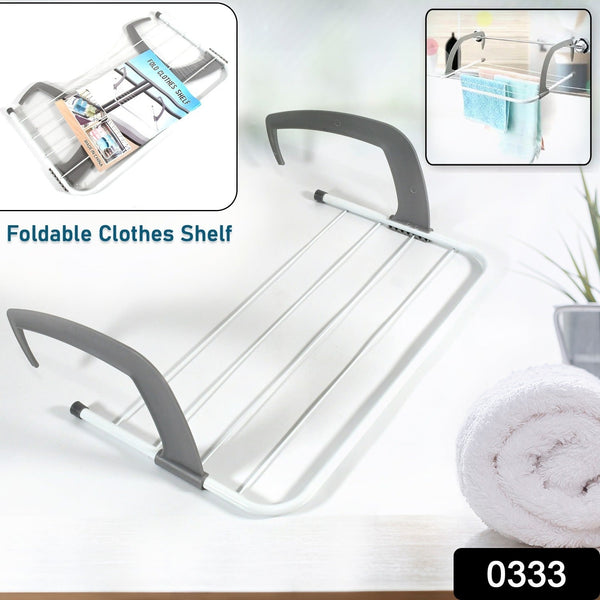 White and gray foldable clothes shelf with two inset images showing it in use and folded.