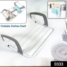 White and gray foldable clothes shelf with two inset images showing it in use and folded.
