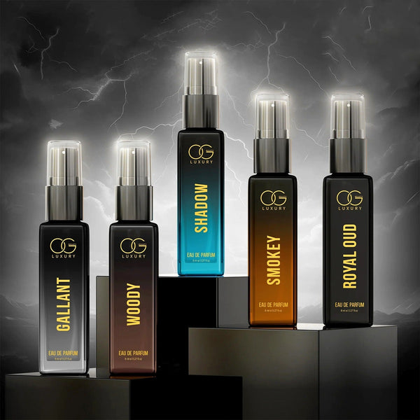 Luxury Perfume Combo Pack featuring five men's Eau de Parfum bottles in travel-friendly spray packaging